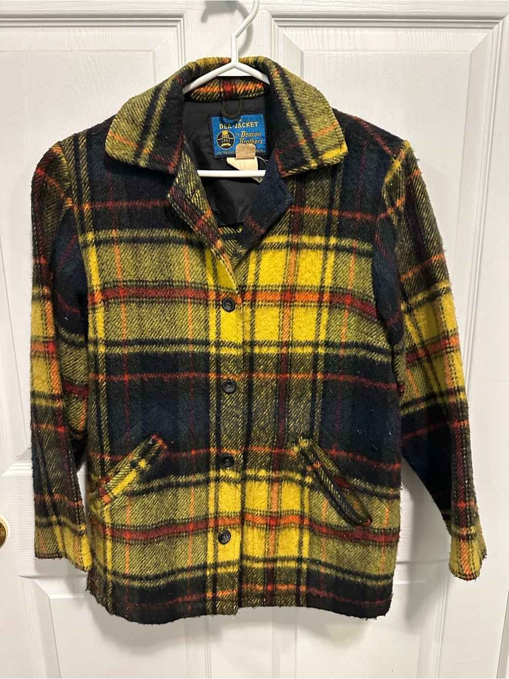 Vintage Plaid Wool Pea Coat - Yellow & Black